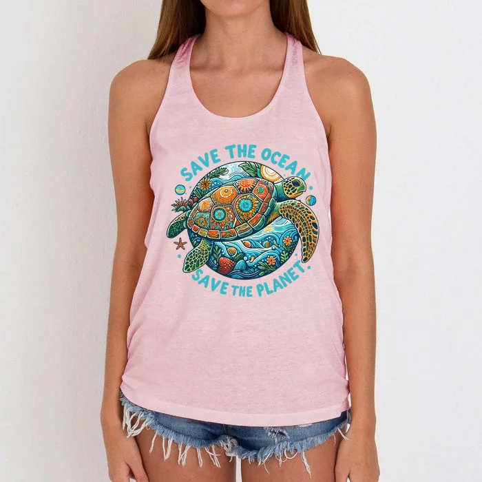 Save The Ocean Save The Planet Cute Sea Turtle Women's Knotted Racerback Tank