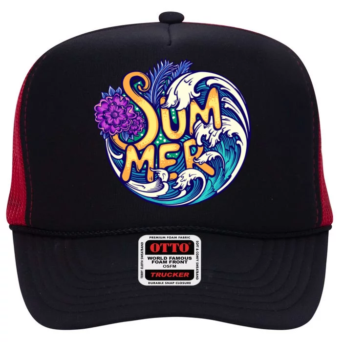 Summer Tropical Ocean Wave High Crown Mesh Trucker Hat