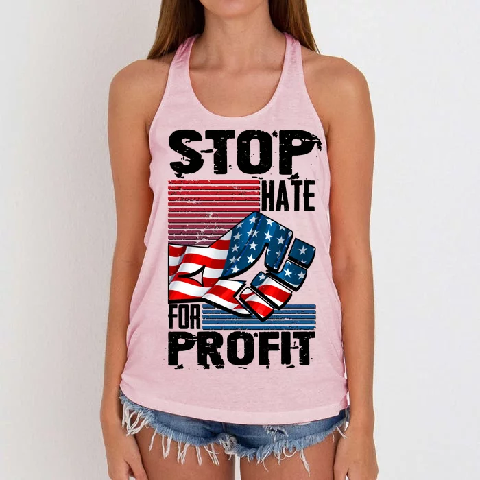 Stop Hate for Profit USA Flag Fist Women's Knotted Racerback Tank