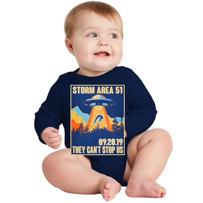 Storm Area 51 Travel Poster They Can't Stop Us Baby Long Sleeve Bodysuit