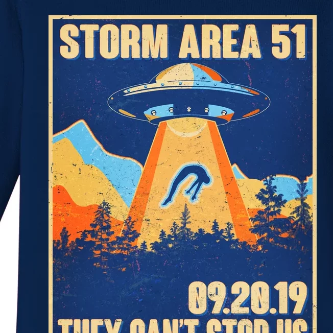 Storm Area 51 Travel Poster They Can't Stop Us Baby Long Sleeve Bodysuit