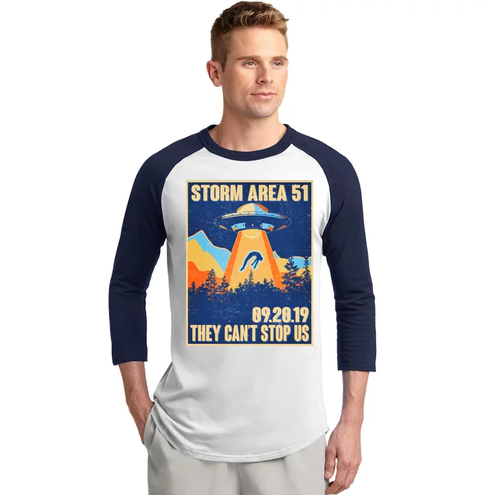 Storm Area 51 Travel Poster They Can't Stop Us Baseball Sleeve Shirt