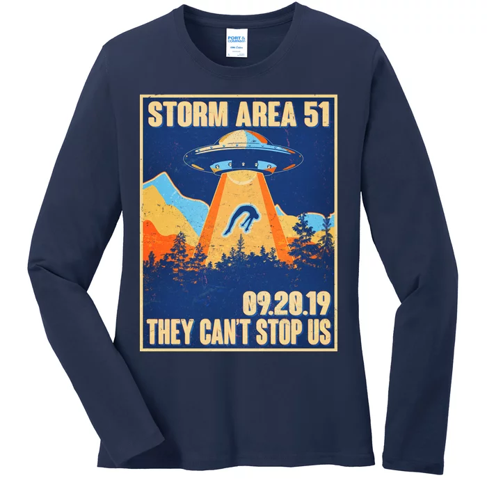 Storm Area 51 Travel Poster They Can't Stop Us Ladies Long Sleeve Shirt