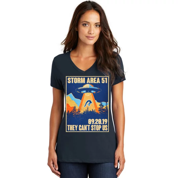 Storm Area 51 Travel Poster They Can't Stop Us Women's V-Neck T-Shirt