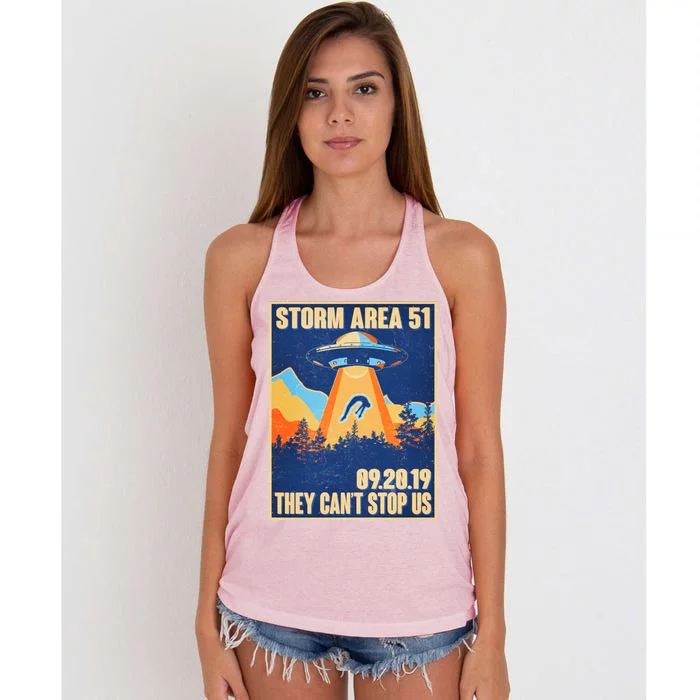 Storm Area 51 Travel Poster They Can't Stop Us Women's Knotted Racerback Tank