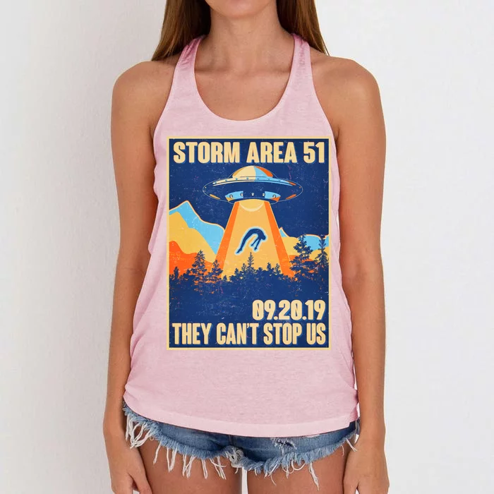 Storm Area 51 Travel Poster They Can't Stop Us Women's Knotted Racerback Tank