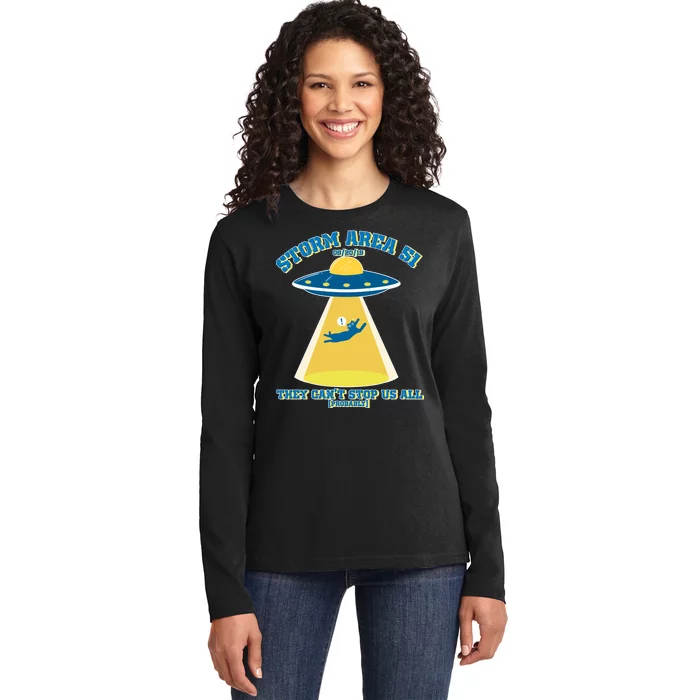 Storm Area 51 UFO Cat They Can't Stop Us All Ladies Long Sleeve Shirt