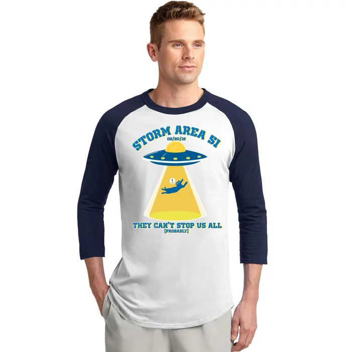 Storm Area 51 UFO Cat They Can't Stop Us All Baseball Sleeve Shirt