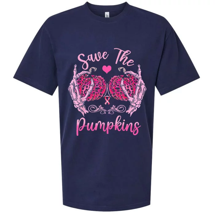 Save The Pumpkin Boobs Skeleton Hand Halloween Breast Cancer Sueded Cloud Jersey T-Shirt