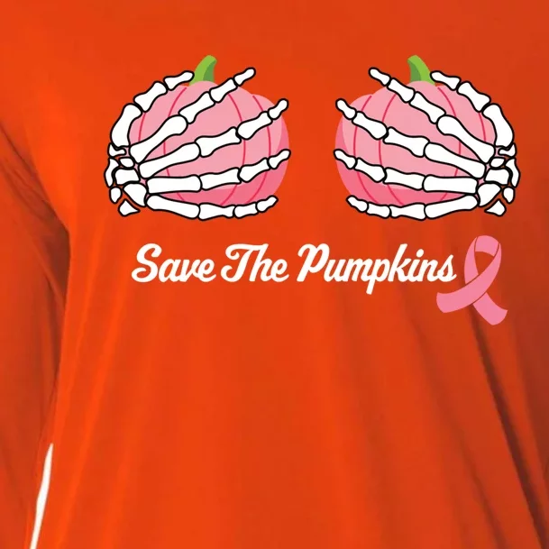 Save The Pumpkins Boob Pink Ribbon Breast Cancer Awareness Gift Cooling Performance Long Sleeve Crew