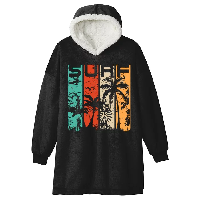 Surf Tropical Palm Tree Retro Vintage Hooded Wearable Blanket