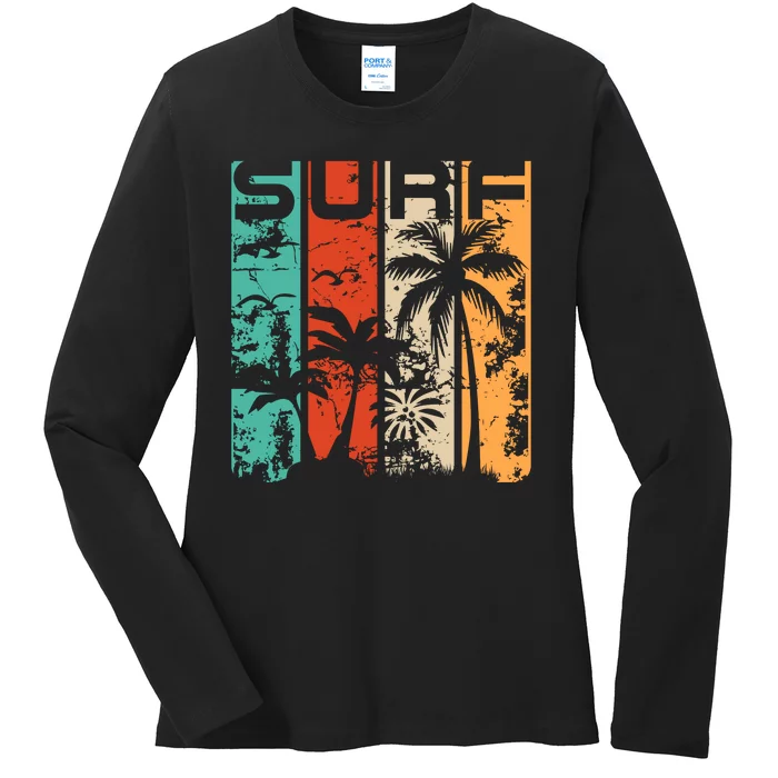 Surf Tropical Palm Tree Retro Vintage Ladies Long Sleeve Shirt