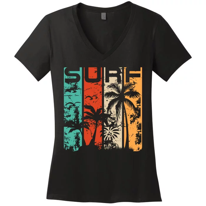 Surf Tropical Palm Tree Retro Vintage Women's V-Neck T-Shirt