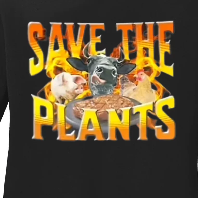 Save The Plants Eat Meat Funny Trending Ladies Long Sleeve Shirt