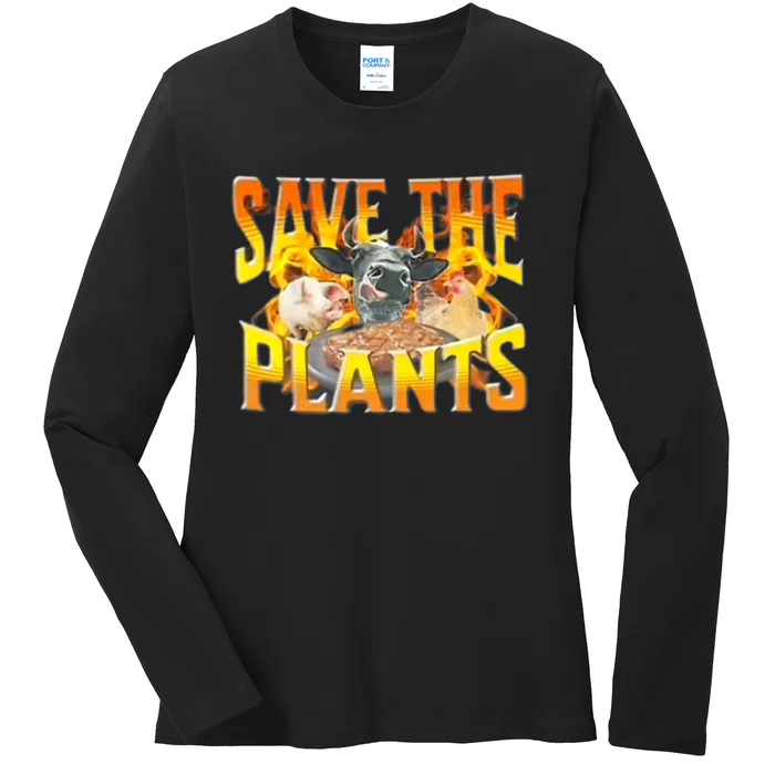 Save The Plants Eat Meat Funny Trending Ladies Long Sleeve Shirt