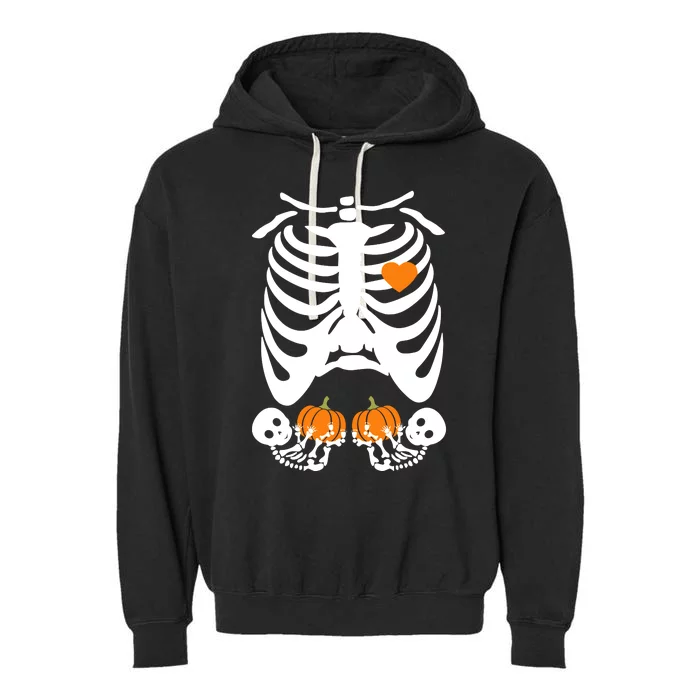 Skeleton Twin Pregnancy Announcement Halloween Pregnant Mom Garment-Dyed Fleece Hoodie