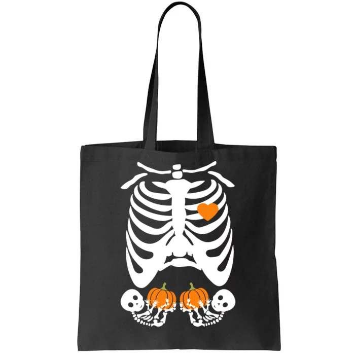 Skeleton Twin Pregnancy Announcement Halloween Pregnant Mom Tote Bag