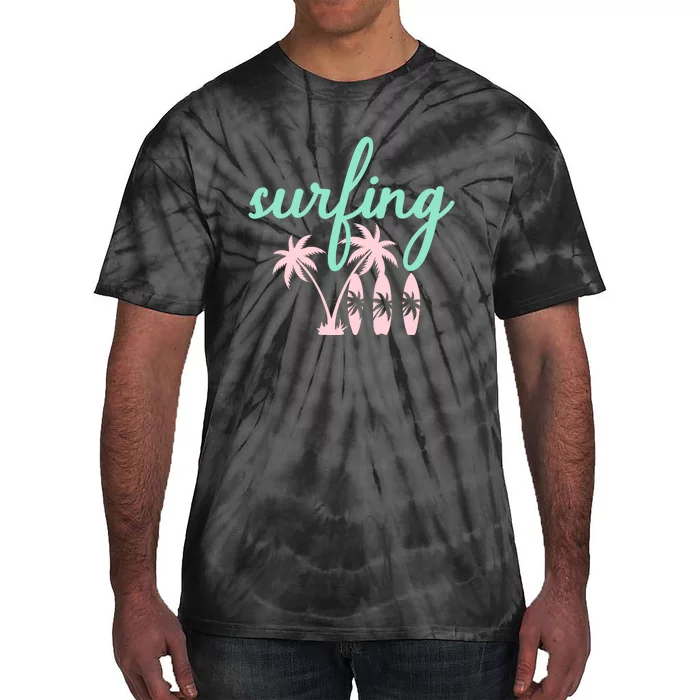 Surfing Turquoise Pink Palm Trees Surfboards Tie-Dye T-Shirt