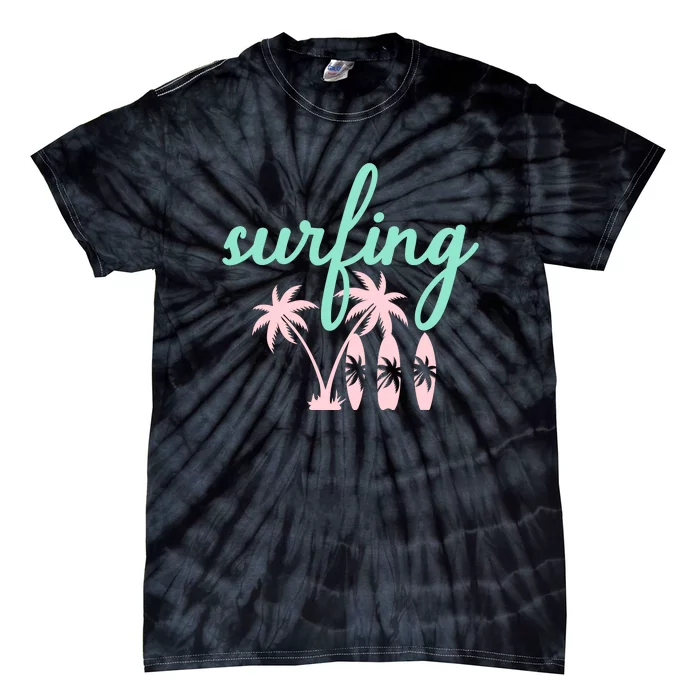 Surfing Turquoise Pink Palm Trees Surfboards Tie-Dye T-Shirt