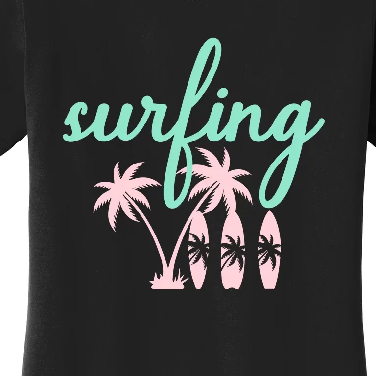 Surfing Turquoise Pink Palm Trees Surfboards Women's T-Shirt