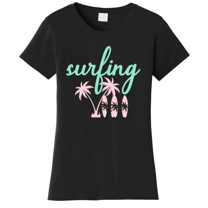 Surfing Turquoise Pink Palm Trees Surfboards Women's T-Shirt