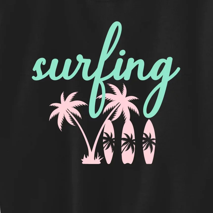 Surfing Turquoise Pink Palm Trees Surfboards Kids Sweatshirt