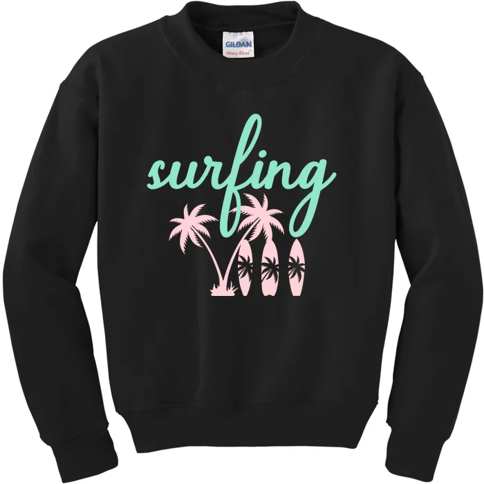 Surfing Turquoise Pink Palm Trees Surfboards Kids Sweatshirt