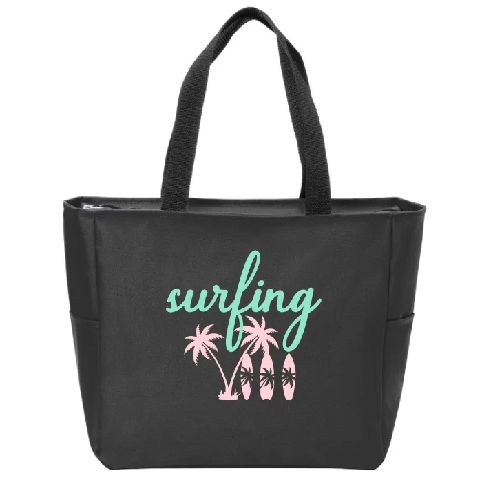 Surfing Turquoise Pink Palm Trees Surfboards Zip Tote Bag