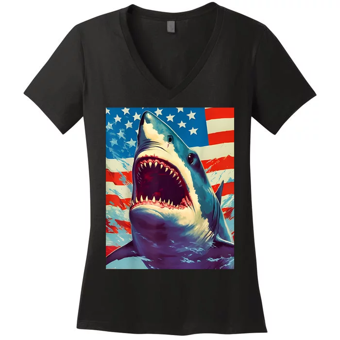 Sharks The Pop Art Patriotic Predator Women's V-Neck T-Shirt