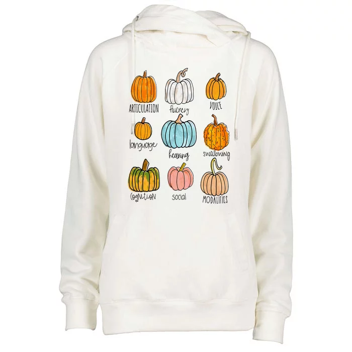 Speech Therapy Pumpkin Sped Teachers SLP Neurodiversity Fall Womens Funnel Neck Pullover Hood