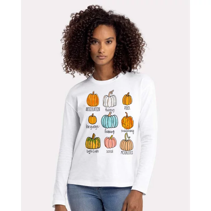 Speech Therapy Pumpkin Sped Teachers SLP Neurodiversity Fall Womens Cotton Relaxed Long Sleeve T-Shirt