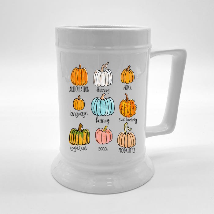 Speech Therapy Pumpkin Sped Teachers SLP Neurodiversity Fall Front & Back Beer Stein