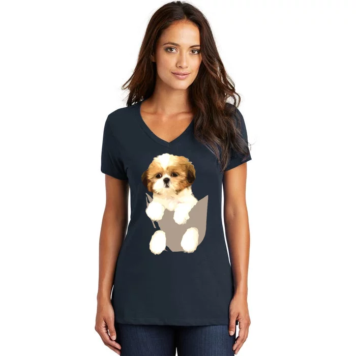 Shih Tzu Puppy In Pocket Women's V-Neck T-Shirt