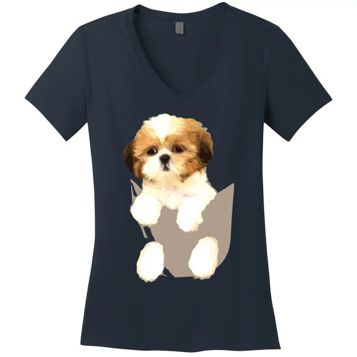 Shih Tzu Puppy In Pocket Women's V-Neck T-Shirt