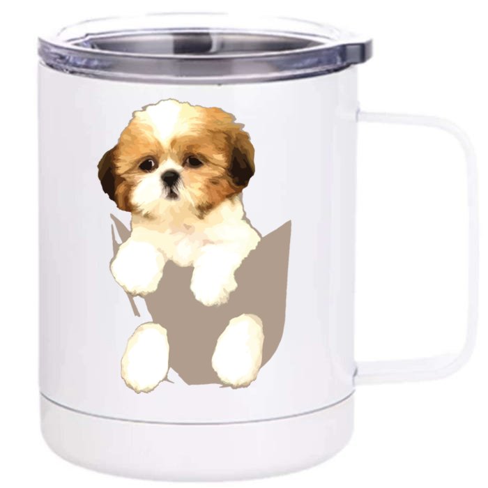 Shih Tzu Puppy In Pocket Front & Back 12oz Stainless Steel Tumbler Cup