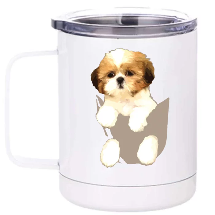 Shih Tzu Puppy In Pocket Front & Back 12oz Stainless Steel Tumbler Cup