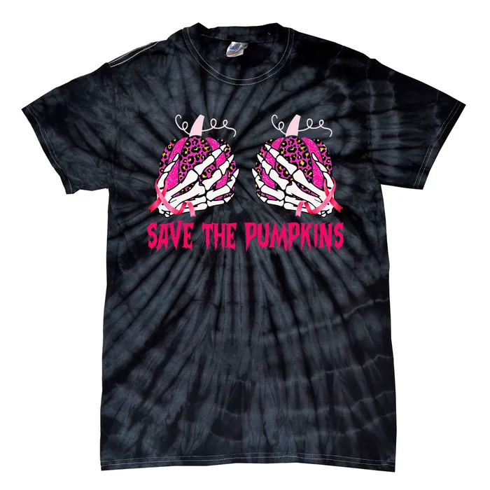 Save The Pumpkins Leopard Skeleton Breast Cancer Awareness Tie-Dye T-Shirt