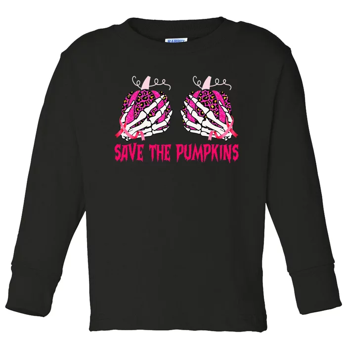 Save The Pumpkins Leopard Skeleton Breast Cancer Awareness Toddler Long Sleeve Shirt