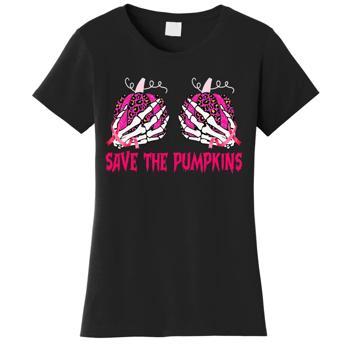 Save The Pumpkins Leopard Skeleton Breast Cancer Awareness Women's T-Shirt