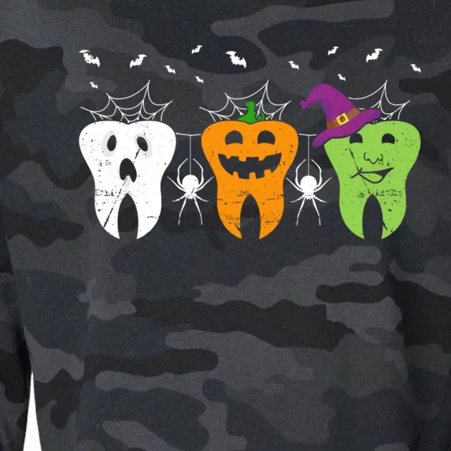 Spooky Teeth Pumpkin Witch Devil Halloween Dentist Dental Cool Gift Cropped Pullover Crew