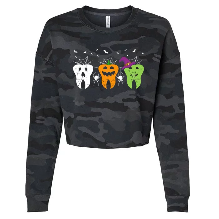 Spooky Teeth Pumpkin Witch Devil Halloween Dentist Dental Cool Gift Cropped Pullover Crew