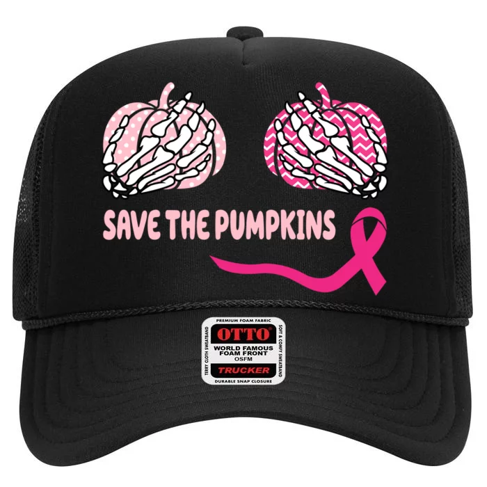 Save The Pumpkins Breast Cancer Awareness Ribbon High Crown Mesh Trucker Hat