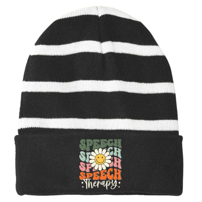 Speech Therapy Retro Speech Language Pathologist Therapist Striped Beanie with Solid Band