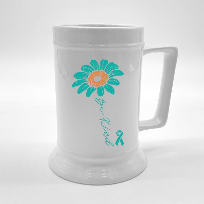 Sunflower Teal Ribbon Be Kind Ovarian Cancer Awareness Women Front & Back Beer Stein