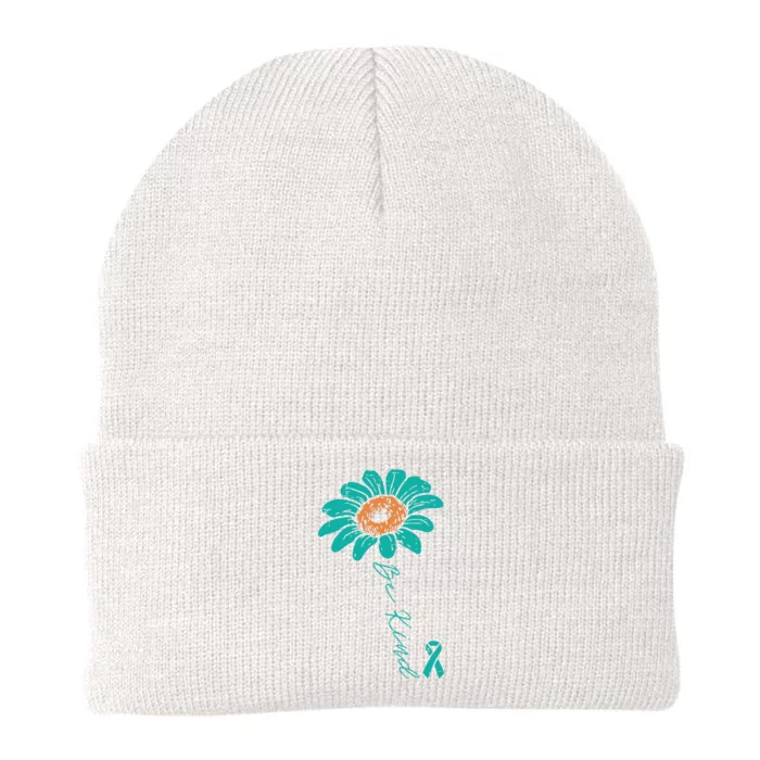 Sunflower Teal Ribbon Be Kind Ovarian Cancer Awareness Women Knit Cap Winter Beanie