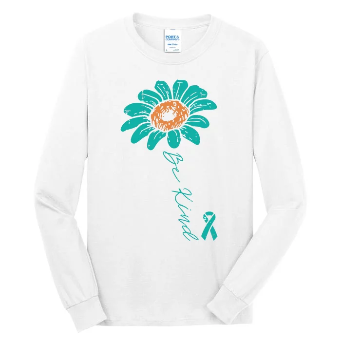 Sunflower Teal Ribbon Be Kind Ovarian Cancer Awareness Women Tall Long Sleeve T-Shirt