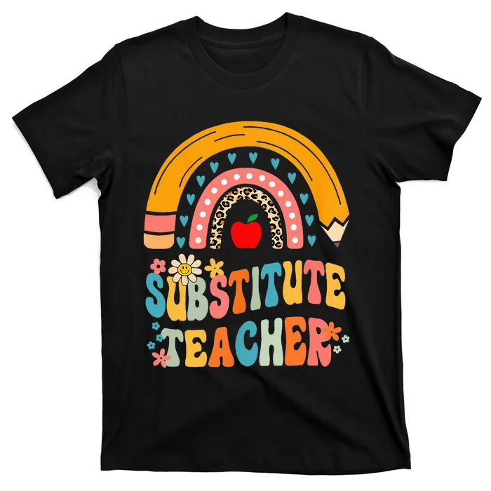 Substitute Teacher Rainbow Pencil Groovy Teacher Flower T-Shirt