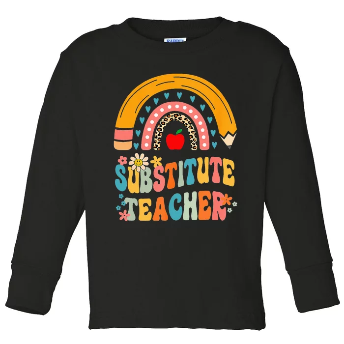 Substitute Teacher Rainbow Pencil Groovy Teacher Flower Toddler Long Sleeve Shirt