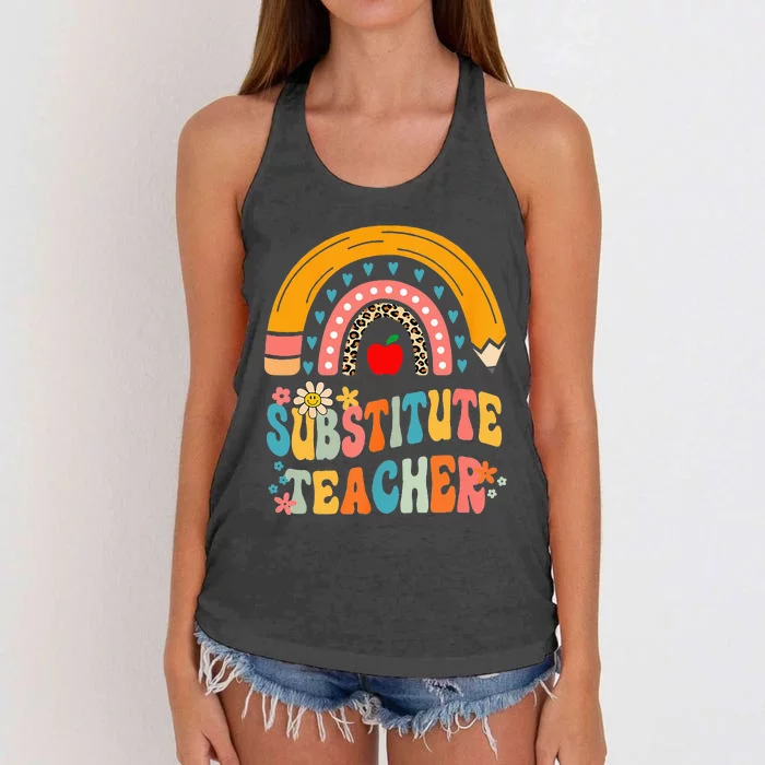 Substitute Teacher Rainbow Pencil Groovy Teacher Flower Women's Knotted Racerback Tank