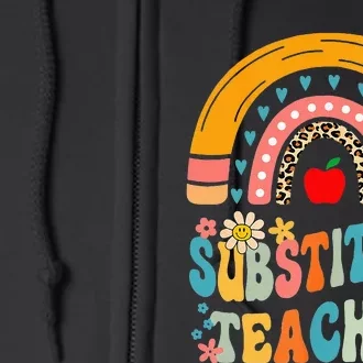 Substitute Teacher Rainbow Pencil Groovy Teacher Flower Full Zip Hoodie